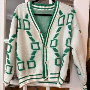 White / green sweater cardigan